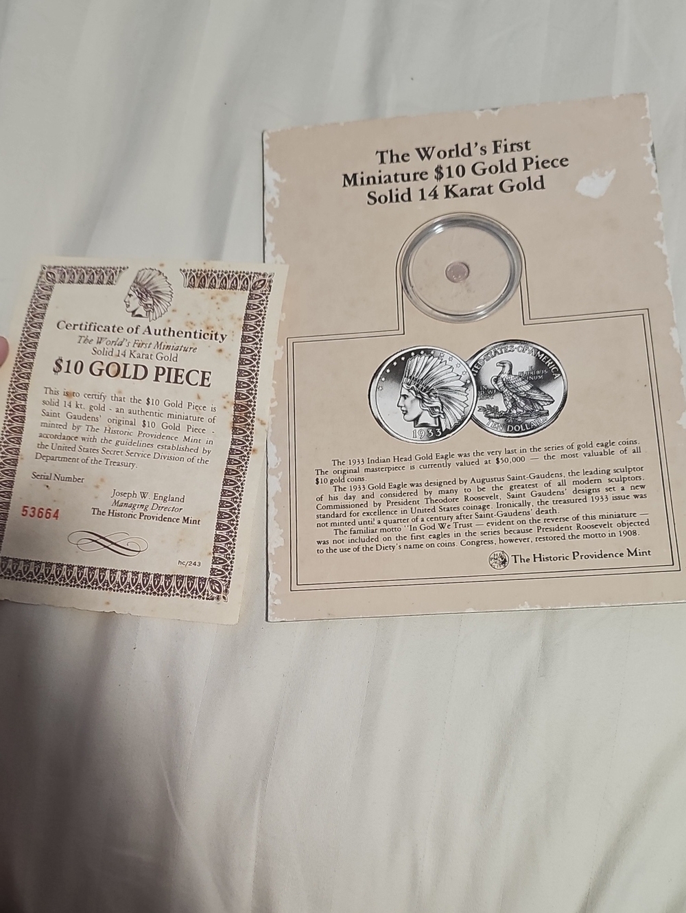 The World's First Miniature $10 Gold Coin w/ Certificate Of Authenticity